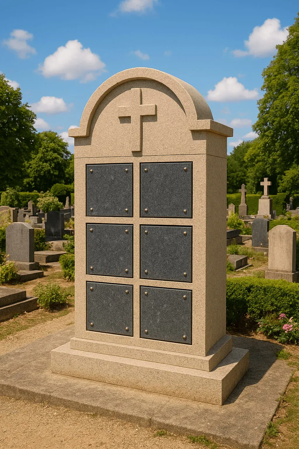 Columbarium en granit beige surmonté d'une croix dans un cimetière.