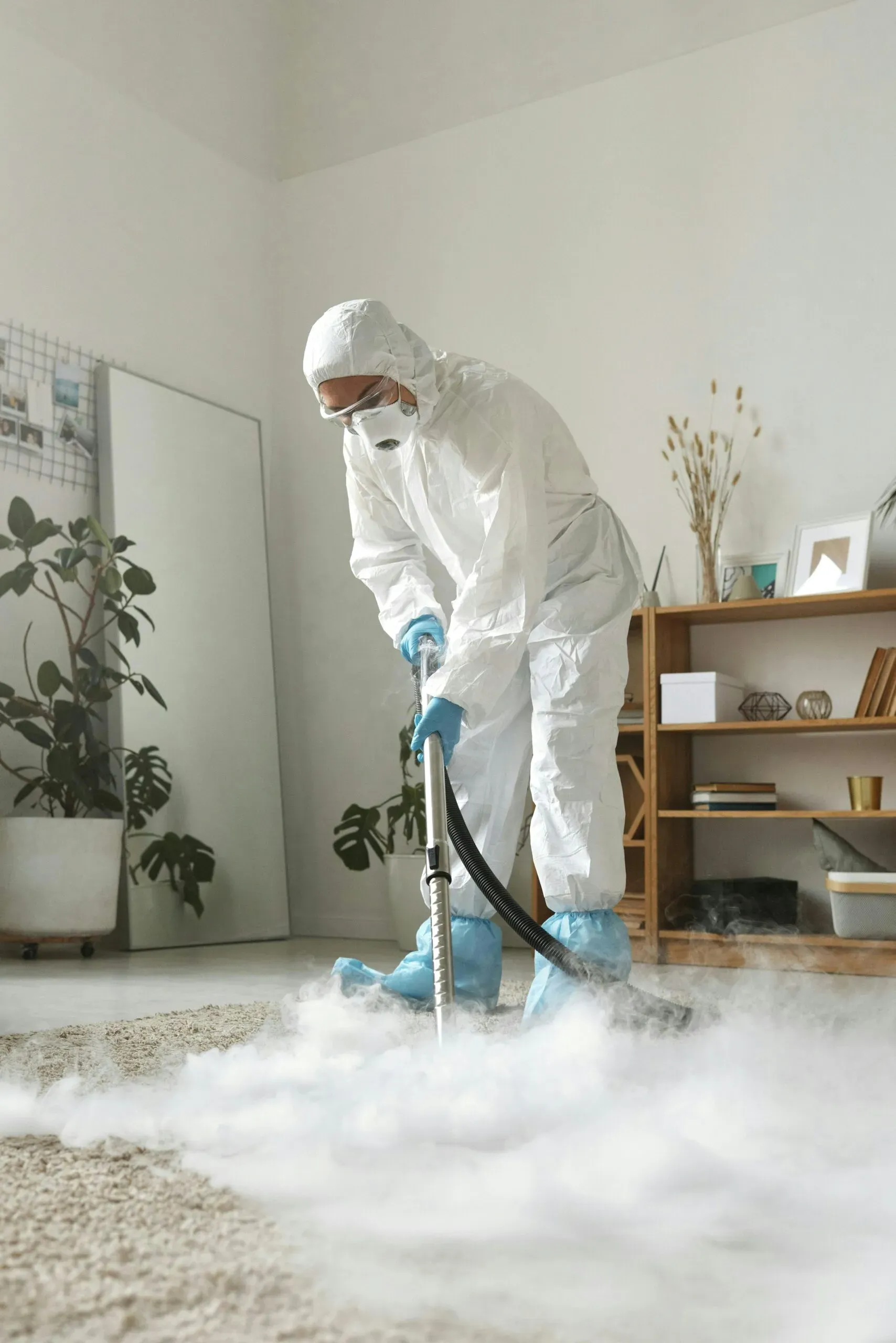 Nettoyage professionnel de tapis à la vapeur par un technicien en tenue de protection.
